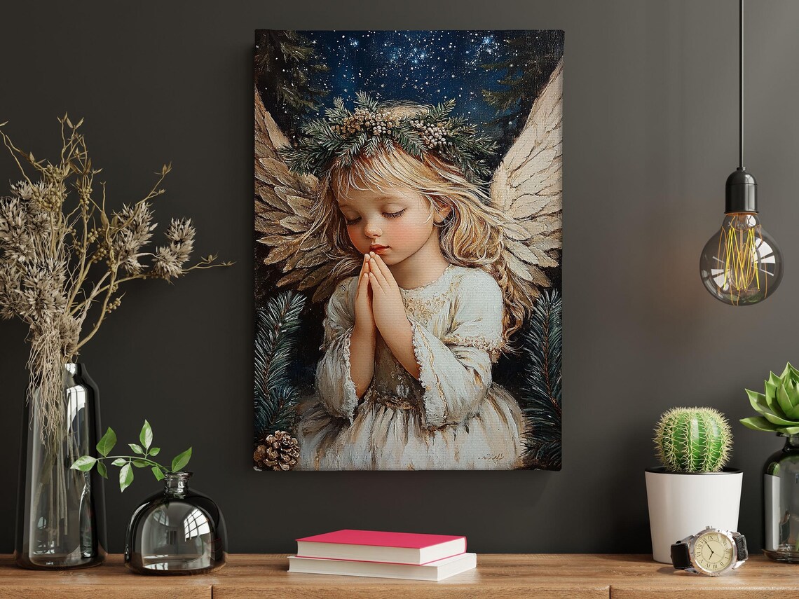 Vintage Praying Angel Girl Starry Night Pine Wreath Christian Christmas Art Poster - Image 4