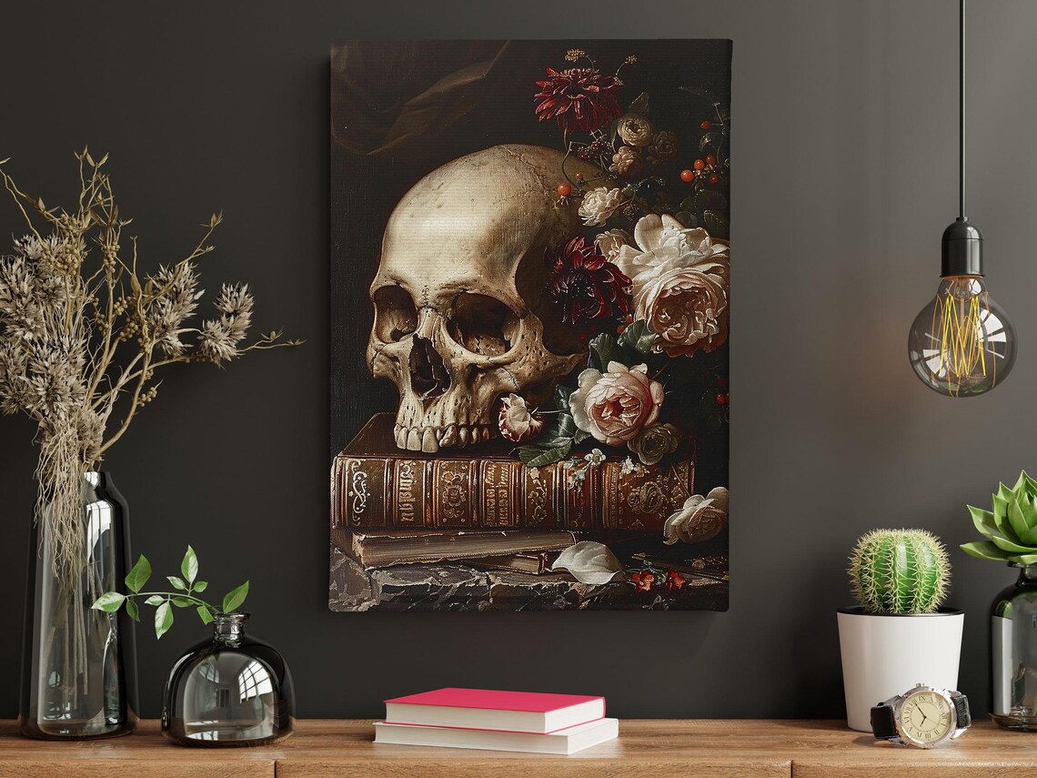 Vintage Skull Still Life with Roses on Antique Books Memento Mori Poster - Image 4