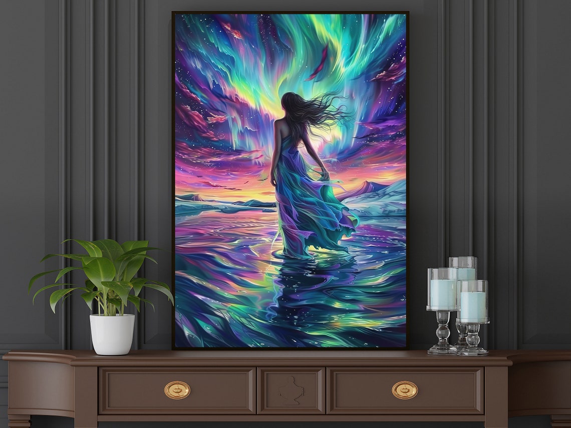 Beautiful Woman In Northern Light Oil Painting Aurora Woman Print Peaceful Woman Print Aurora Poster Print - Image 5