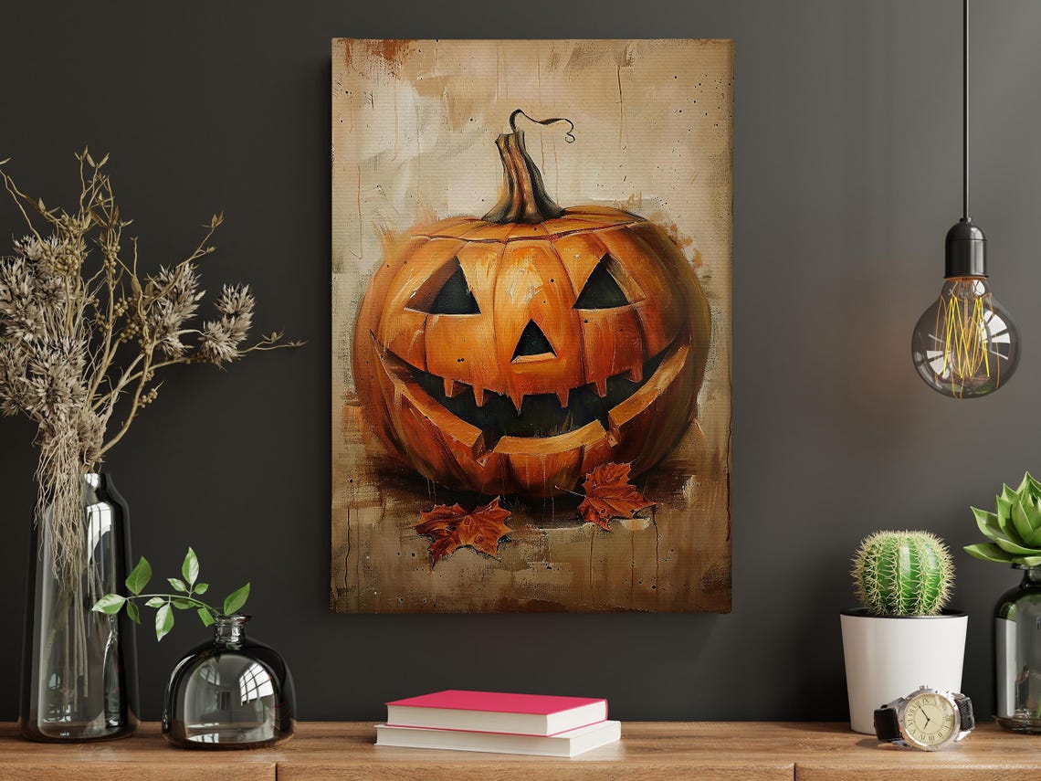 Vintage Grinning Jack O Lantern Pumpkin Painting Autumn Leaves Poster - Image 4
