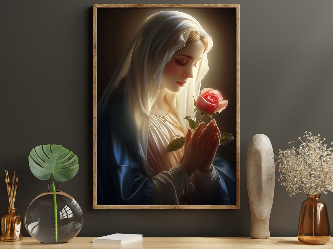 Virgin Mary Praying With Pink Rose Glowing Halo Devotional Poster - Image 2