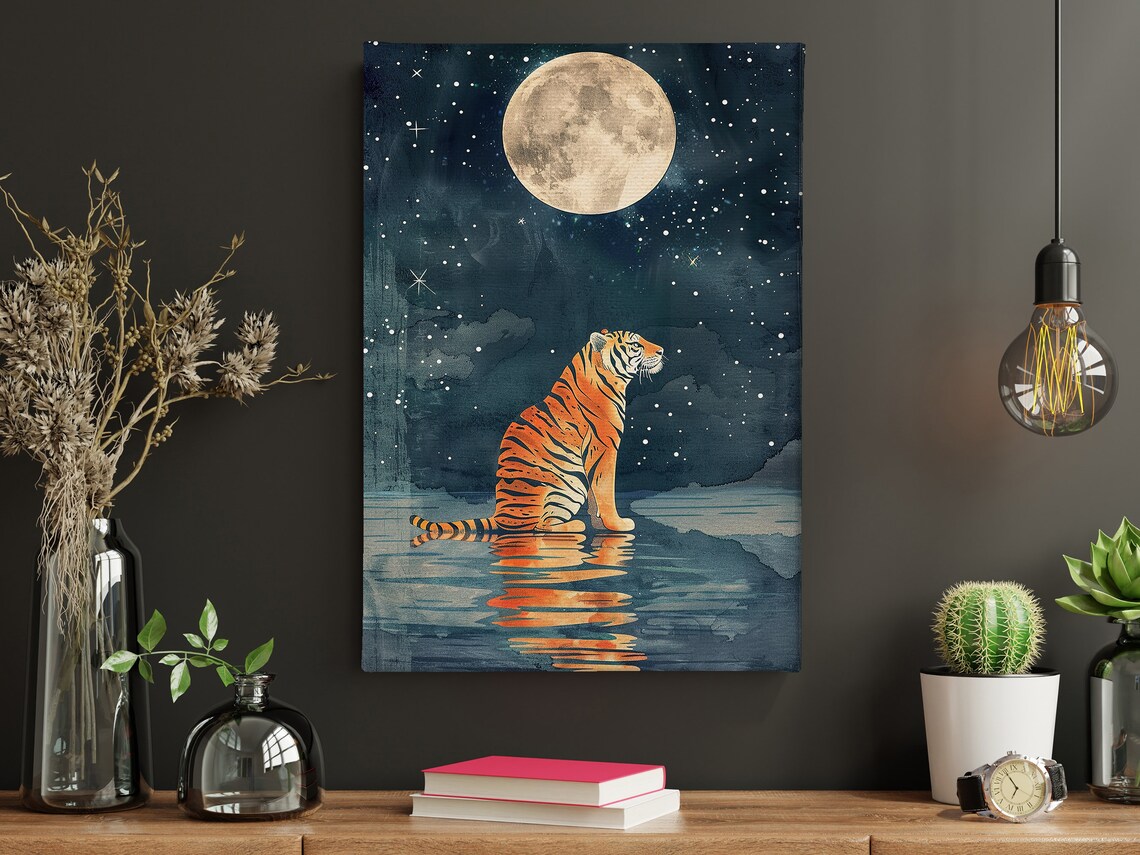 Vintage Tiger Under The Moon, Animal Art Print - Image 5
