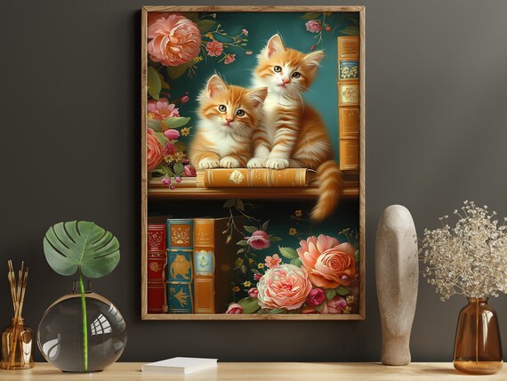 Two Orange Kittens On Bookshelf With Books And Roses Cat Wall Poster