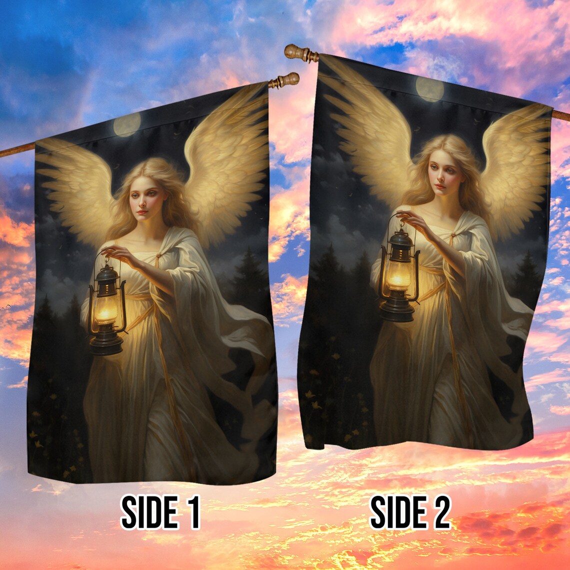 Angel Holding Lantern Under Full Moon Night Christmas Garden Flag Decor - Image 3