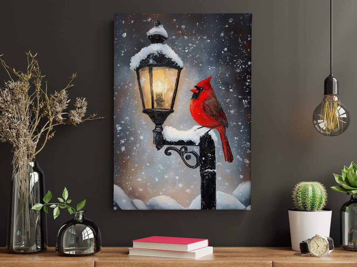 Red Cardinal Perched On Snowy Vintage Lamppost In Falling Snow Poster - Image 5