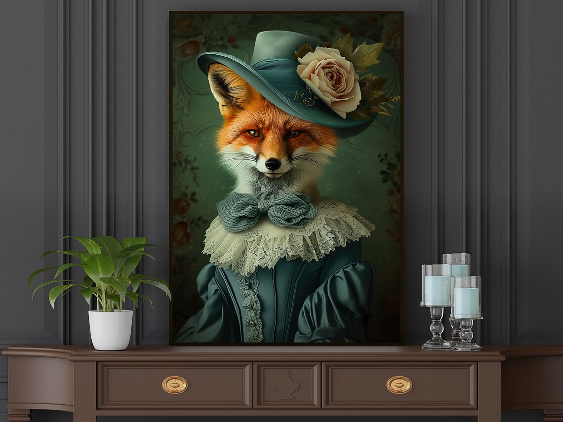 Fox Lady In Teal Victorian Gown Hat With Rose Gothic Portrait Wall Poster - Image 3