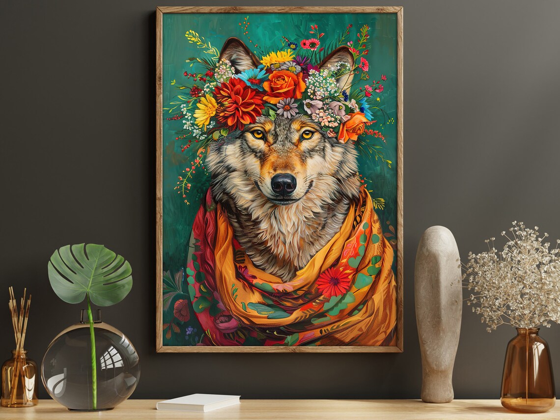 Raccoon Flower Crown Floral Shawl Maximalist Animal Portrait Poster - Image 3