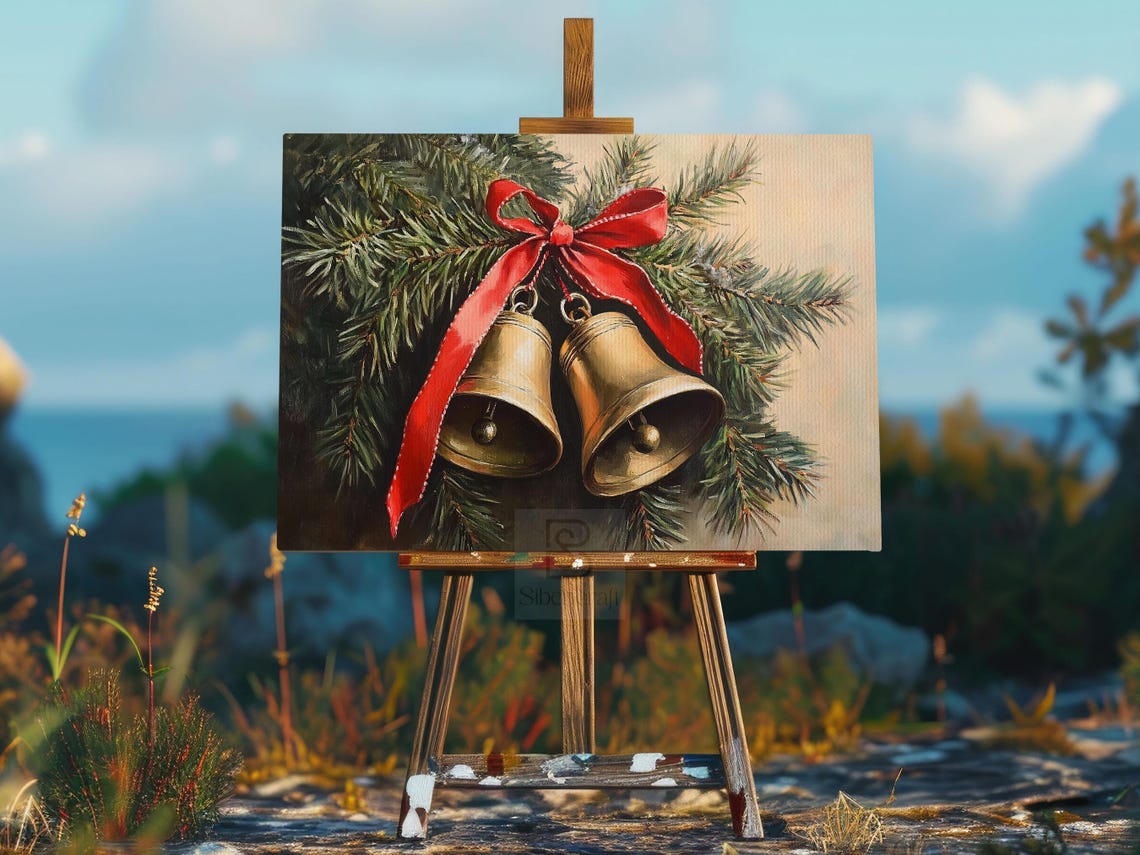 Brass Jingle Bells With Red Ribbon Bow Hanging In Snowy Pine Poster - Image 2