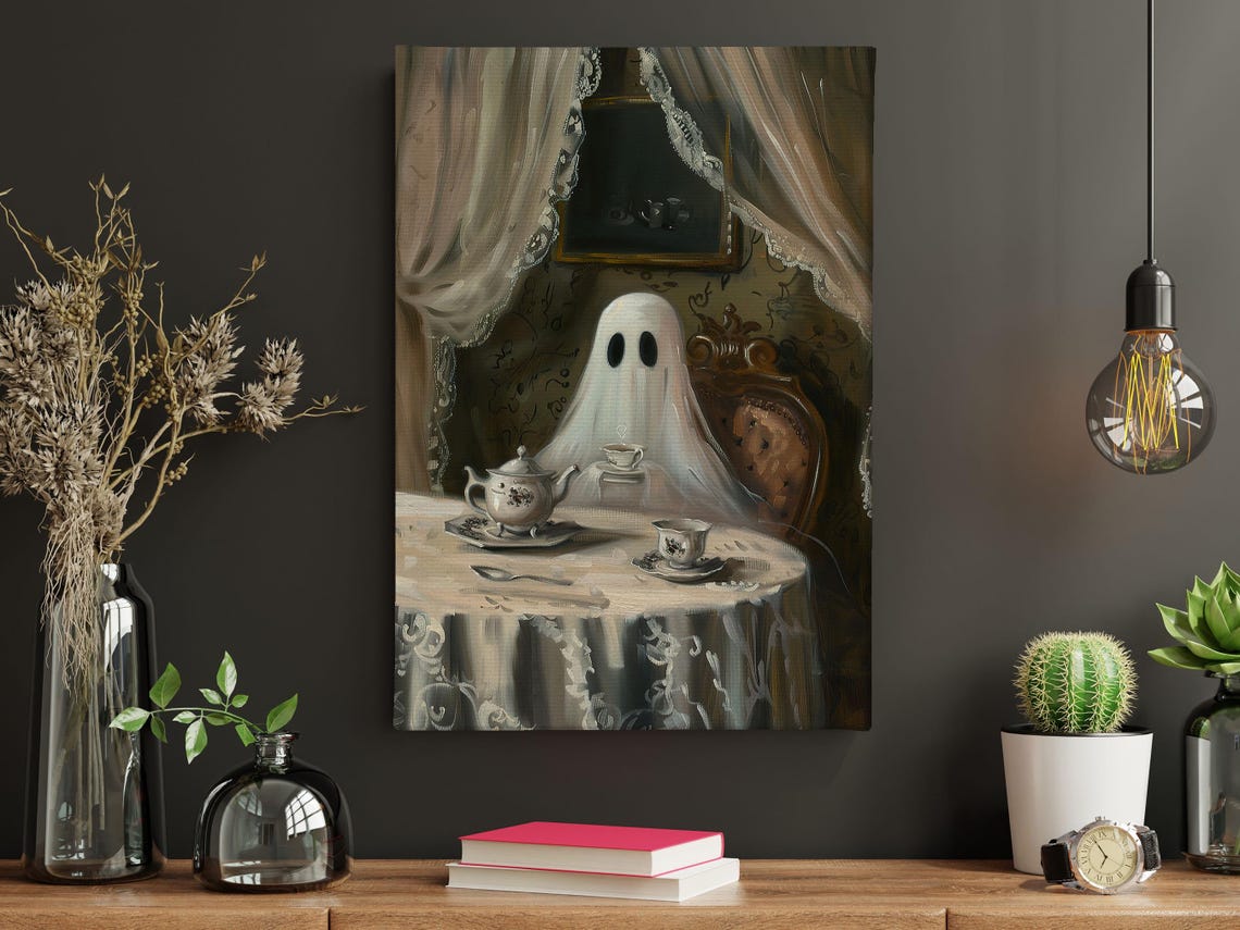 Cute Cottage Ghost Enjoying Tea at Victorian Table Halloween Poster - Image 3