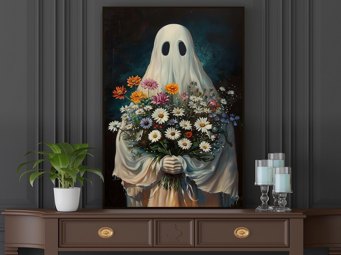 Sweet Ghost Holding Big Bouquet of Wildflowers Dark Floral Art Poster - Image 6