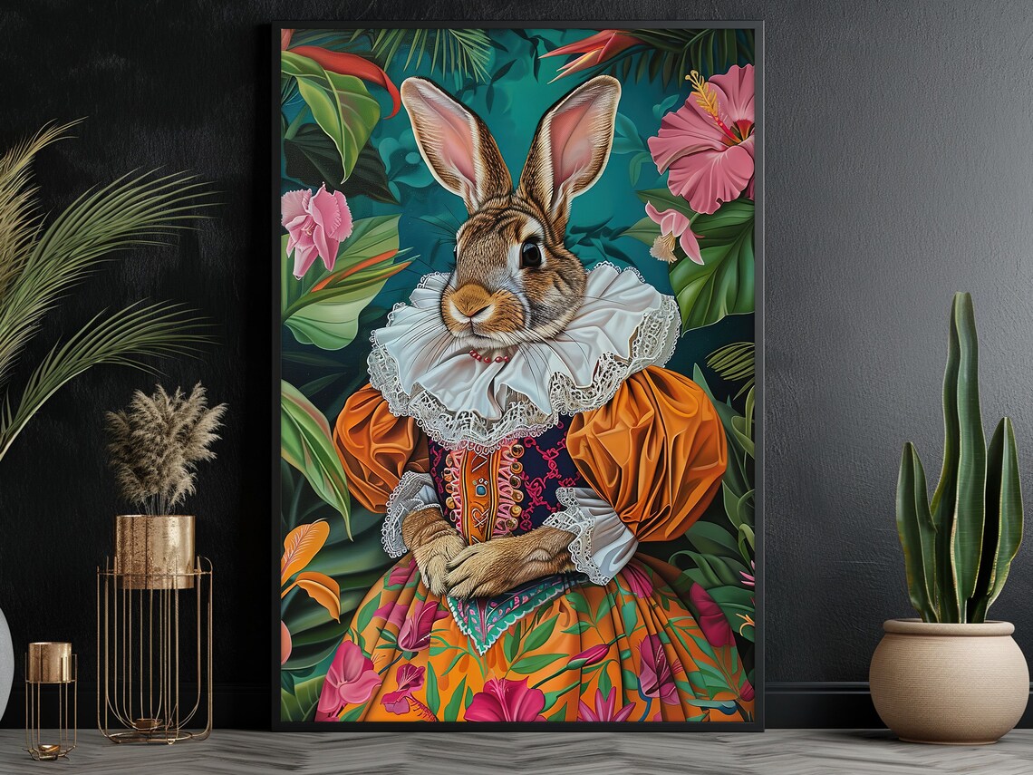 Rabbit In Orange Renaissance Gown Lace Ruff Tropical Whimsical Art Poster - Image 3