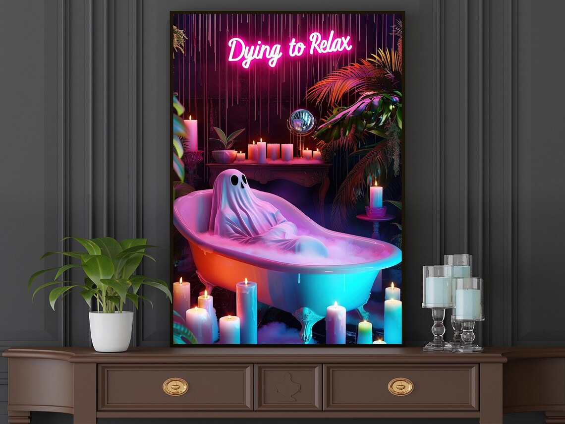 Dying to Relax Neon Ghost in Bathtub Funny Halloween Bathroom Poster - Image 5