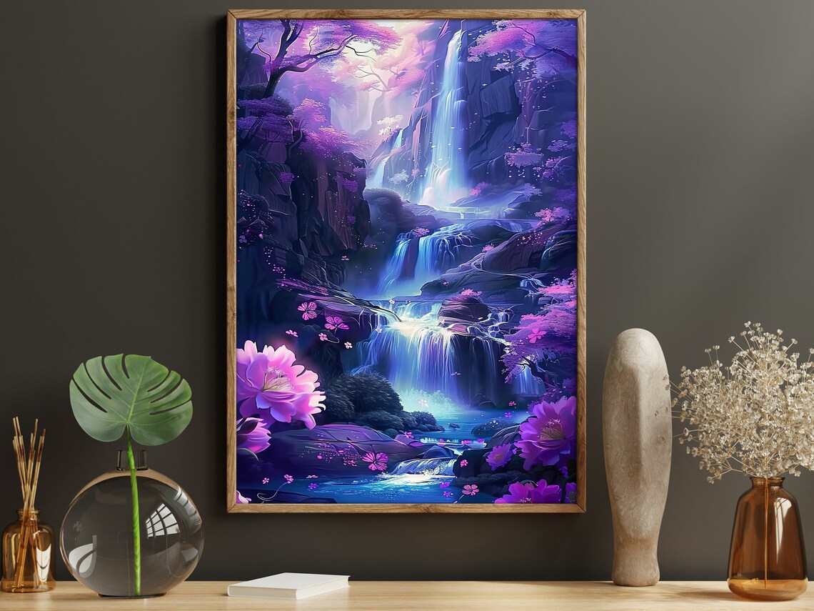 Surreal Waterfall Oil Painting Landscape Art Print - Image 2