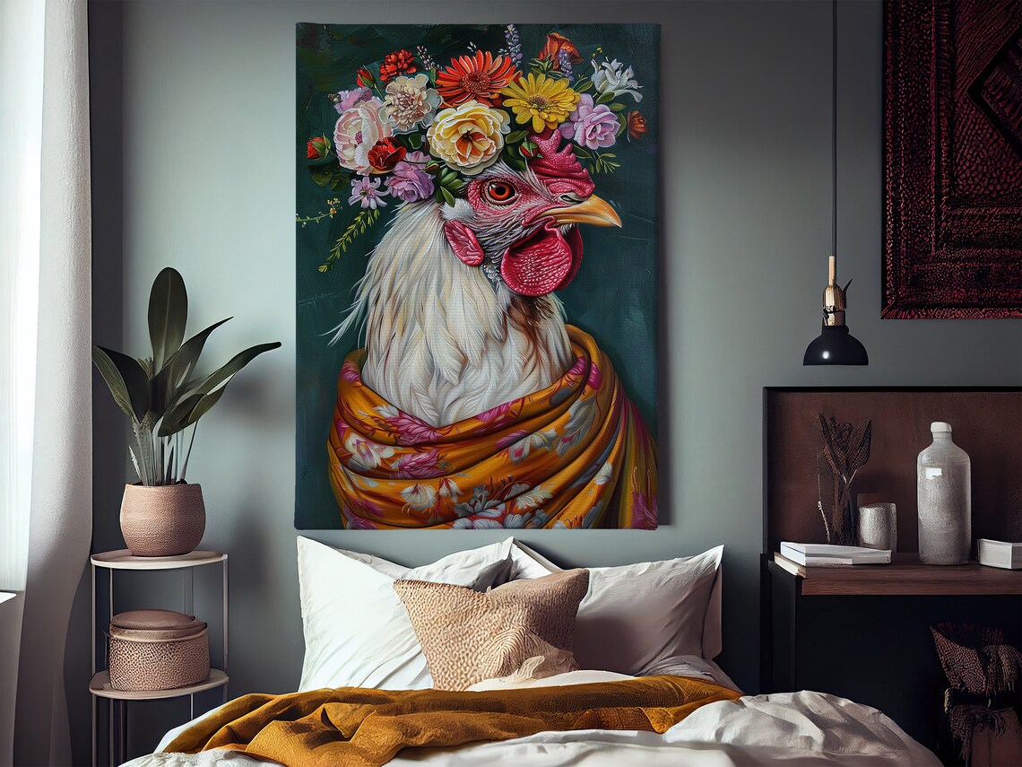 White Rooster Flower Crown Floral Shawl Farm Animal Art Poster - Image 3