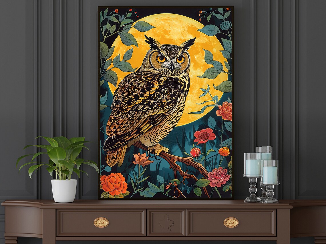 Great Horned Owl Under Golden Full Moon Red Flowers Night Art Poster - Image 5