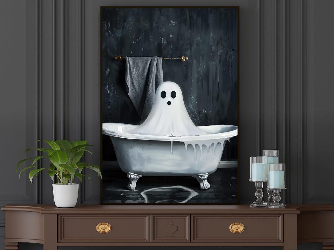 Surprised Ghost In White Bathtub Dark Funny Halloween Art Poster - Image 5