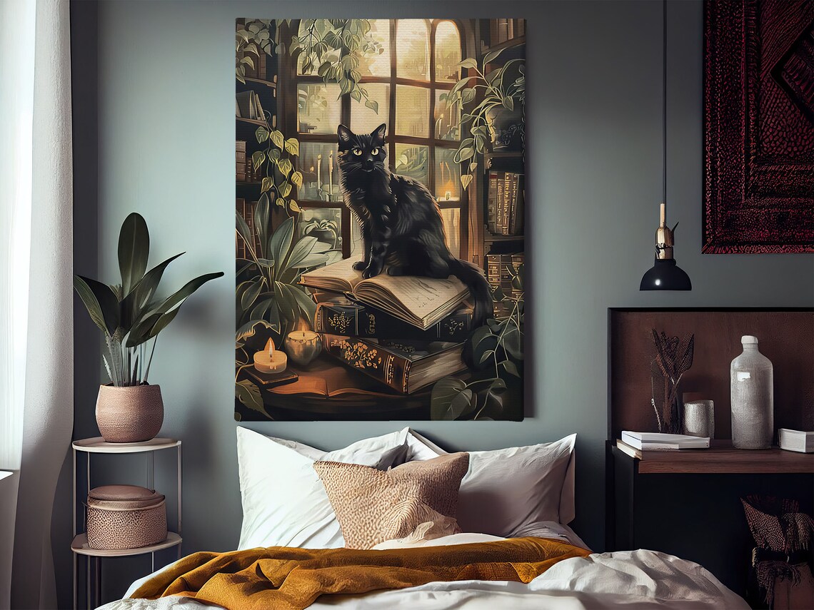 Vintage Black Cat and Books, Cottage Cat Art Print - Image 2