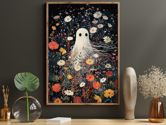 Vintage Ghost in Flowers Garden, Halloween Art Print