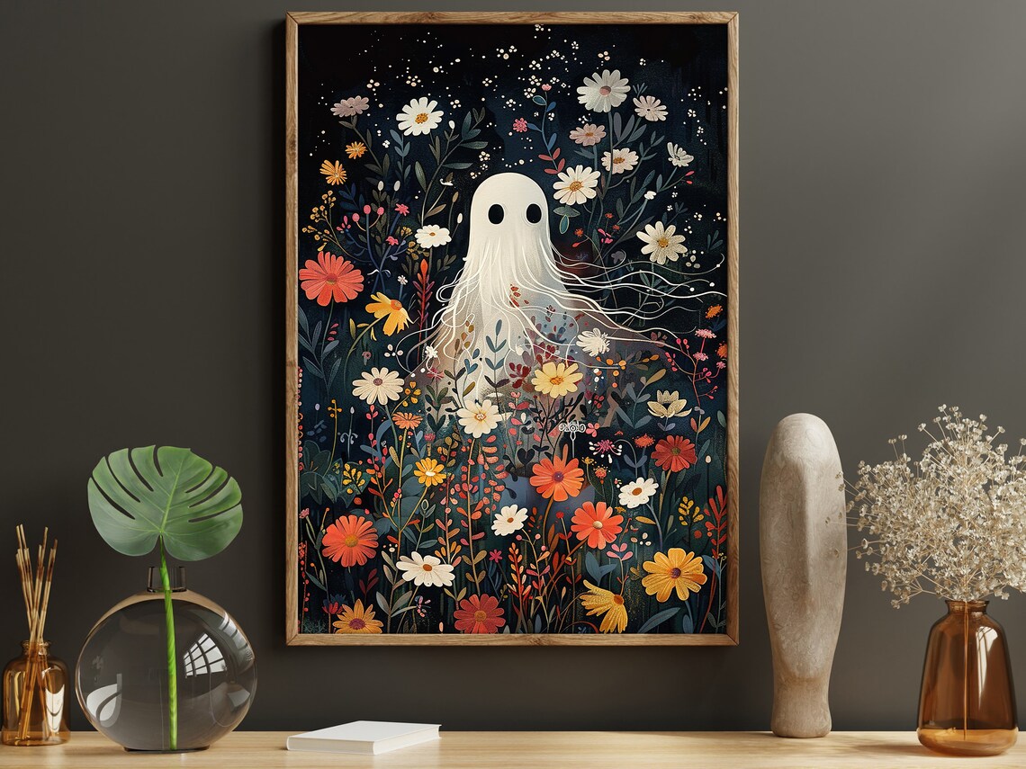 Vintage Ghost in Flowers Garden, Halloween Art Print