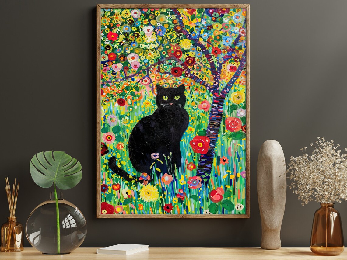 Vintage Black Cat in Flowers Garden, Cat Print