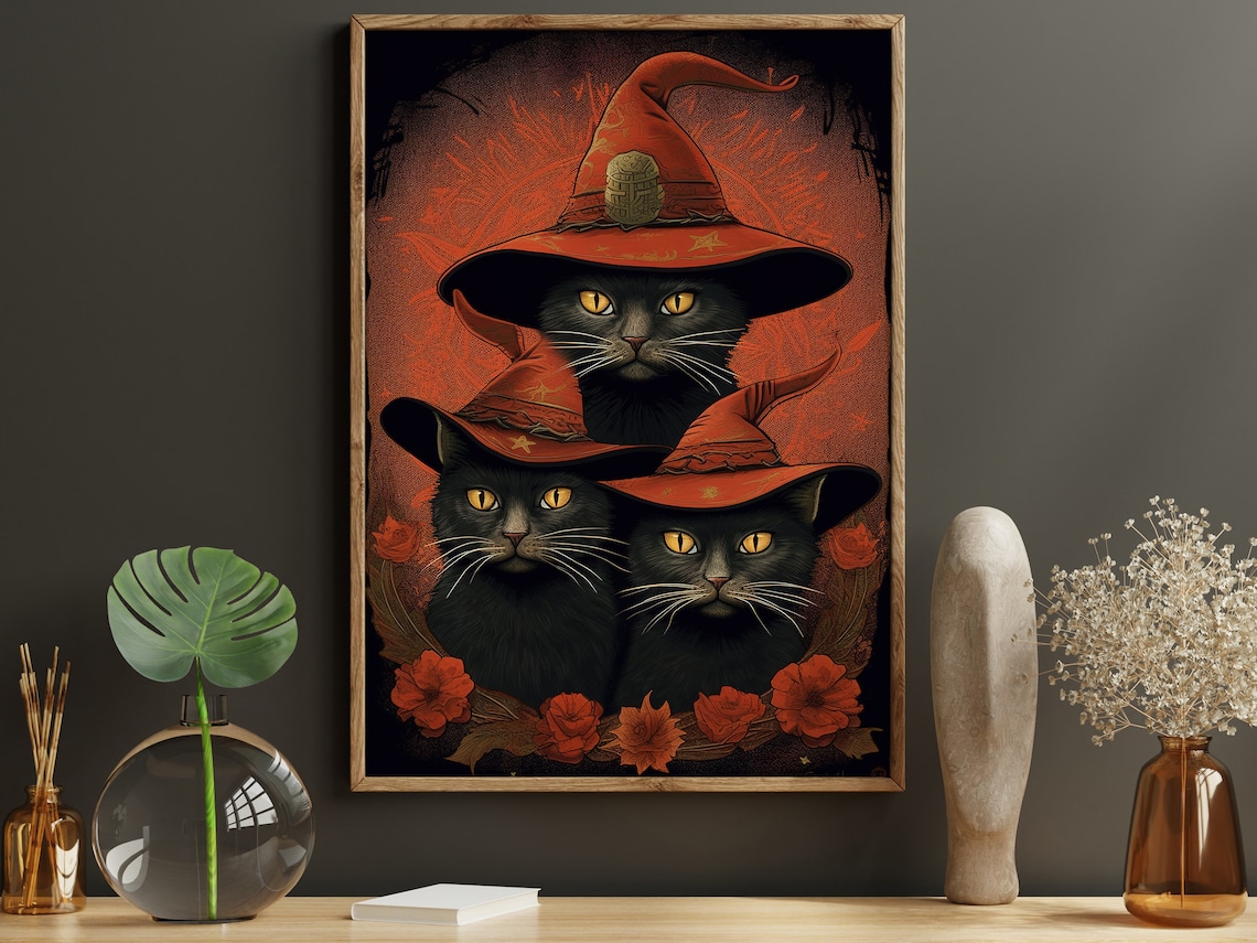 Three Black Cats In Red Witch Hats Halloween Floral Vintage Style Poster