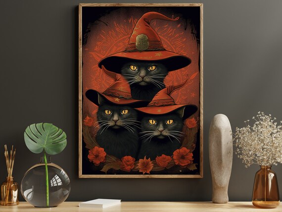 Three Black Cats In Red Witch Hats Halloween Floral Vintage Style Poster