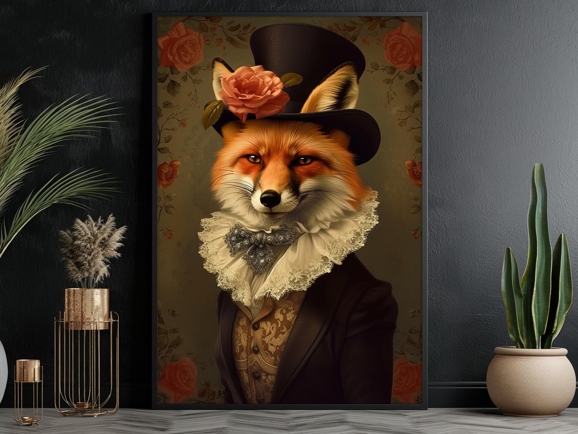 Gentleman Fox Portrait In Top Hat With Rose Vintage Animal Art Poster - Image 2