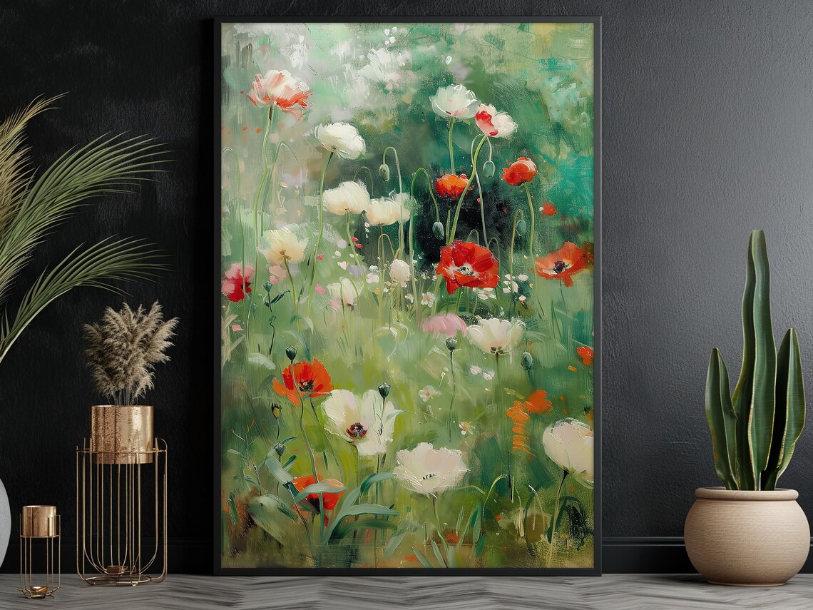 Red White Poppy Field Vibrant Oil Painting Floral Garden Poster - Image 3