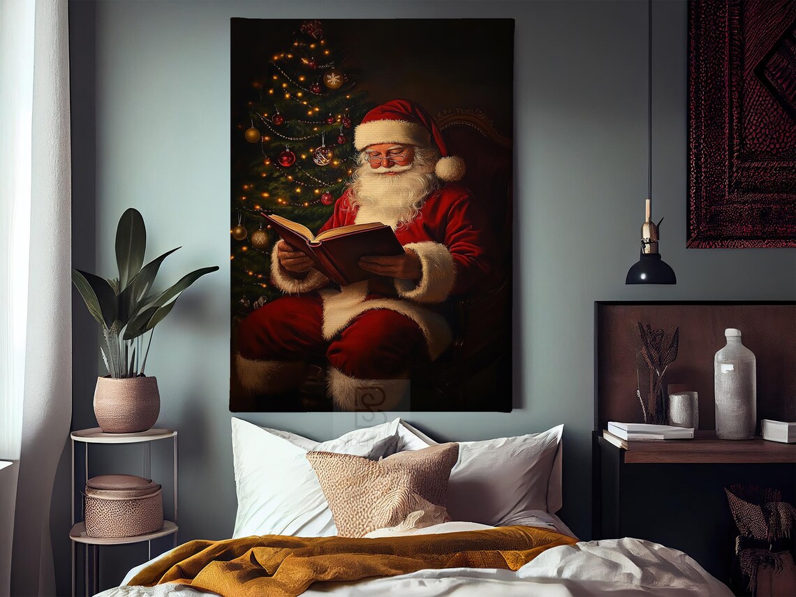 Santa Claus Reading Book In Armchair By Glowing Christmas Tree Night Poster - Image 3