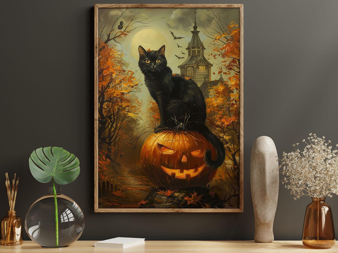 Vintage Black Cat and Pumpkin Halloween Poster - Image 5