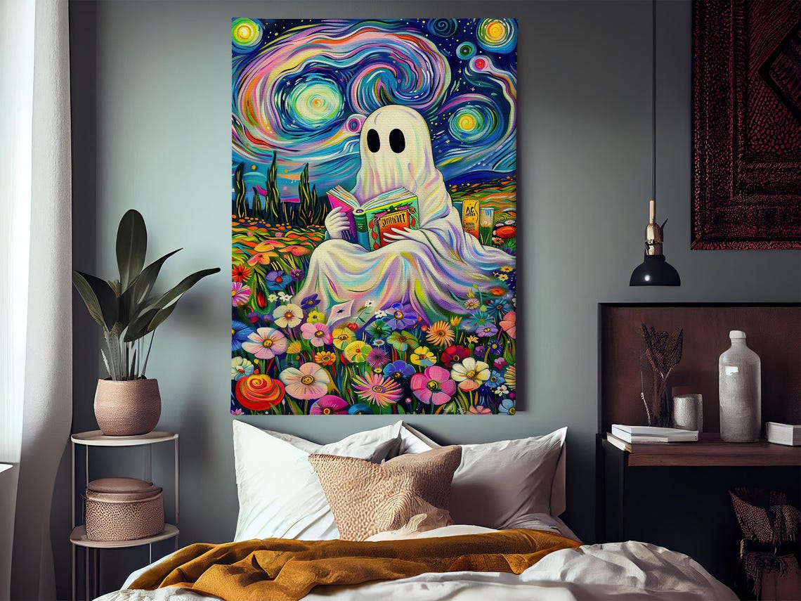 Starry Night Style Ghost Reading Book Among Flowers Colorful Poster - Image 4