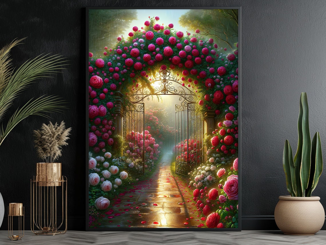 Rose Covered Garden Gate Arch Glowing Path Romantic Floral Art Poster