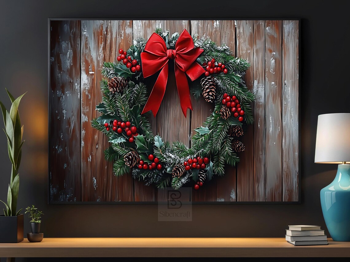 Christmas Wreath With Big Red Bow On Rustic Wooden Door Winter Poster