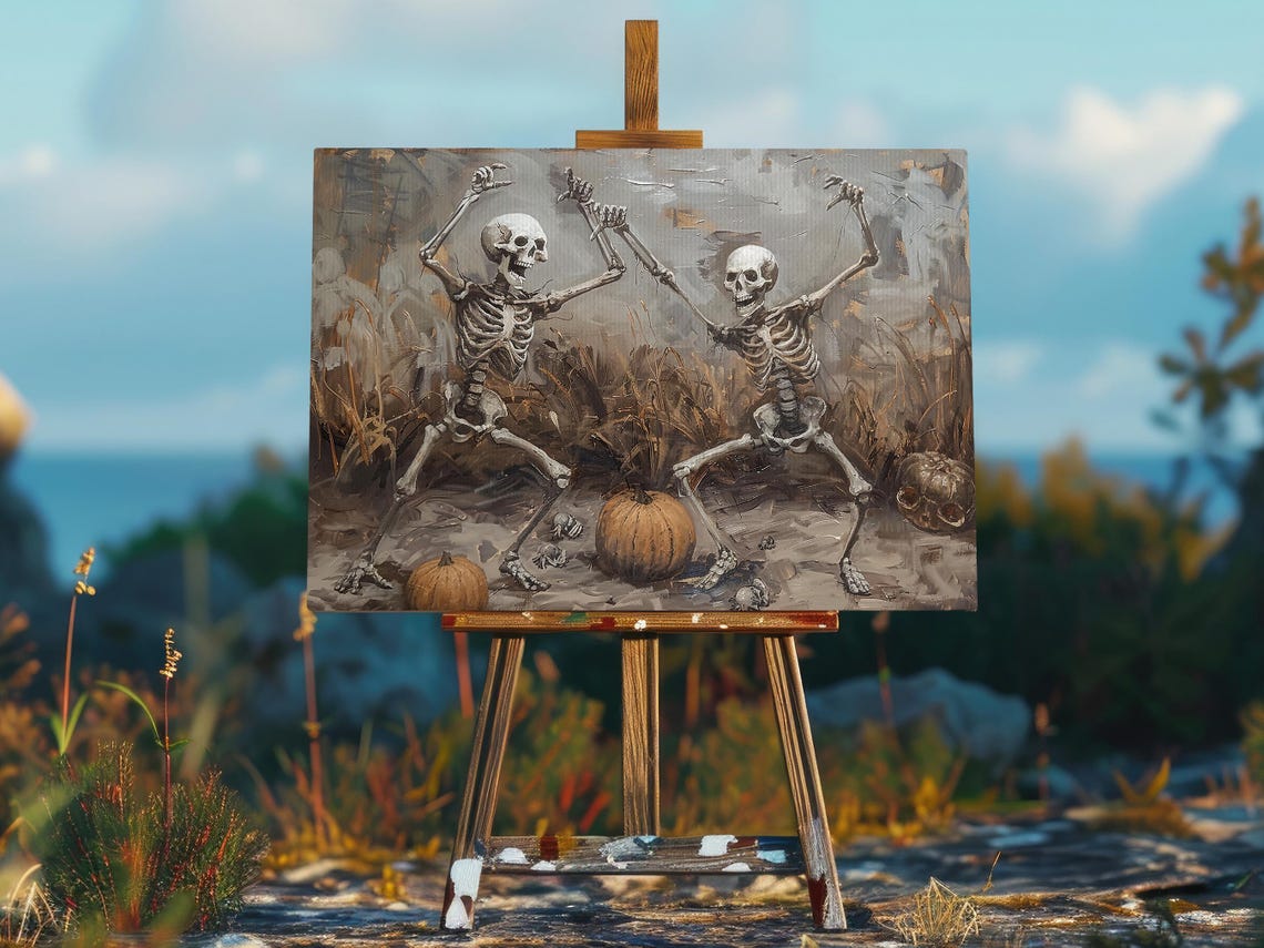 Joyful Dancing Skeletons Among Pumpkins in Harvest Field Art Poster - Image 2