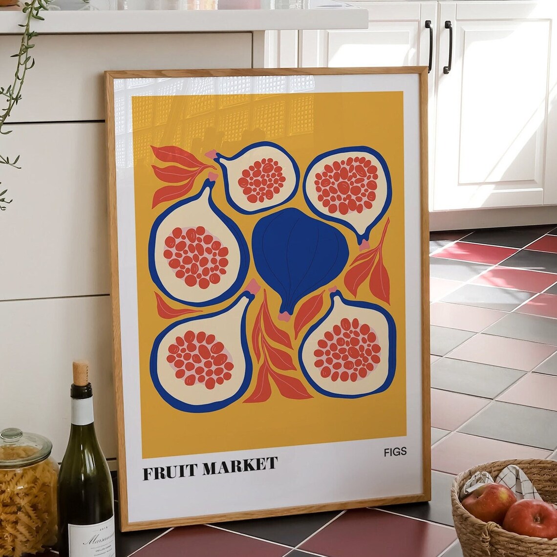 Fruit Market Figs Bold Illustration Mustard Yellow Kitchen Art Poster