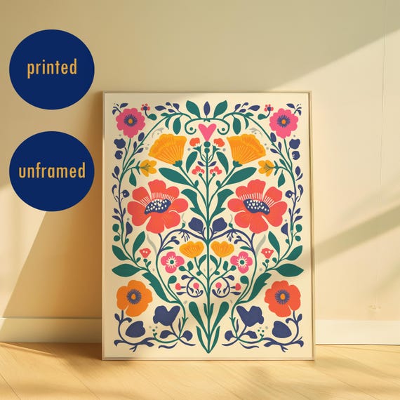 Floral Scandinavian Folk Art Print Colourful Boho Decor Botanical Poster Modern Nordic Flower Wall Artwork Printed Scandi