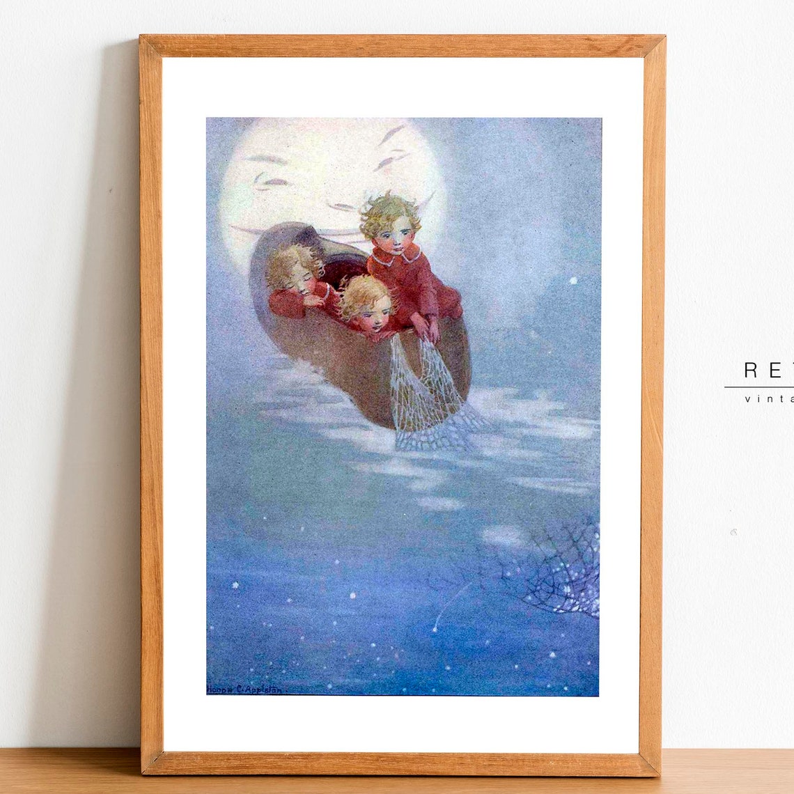 Moonlit Children In Shoe Boat Vintage Nursery Rhyme Art Poster - Image 2