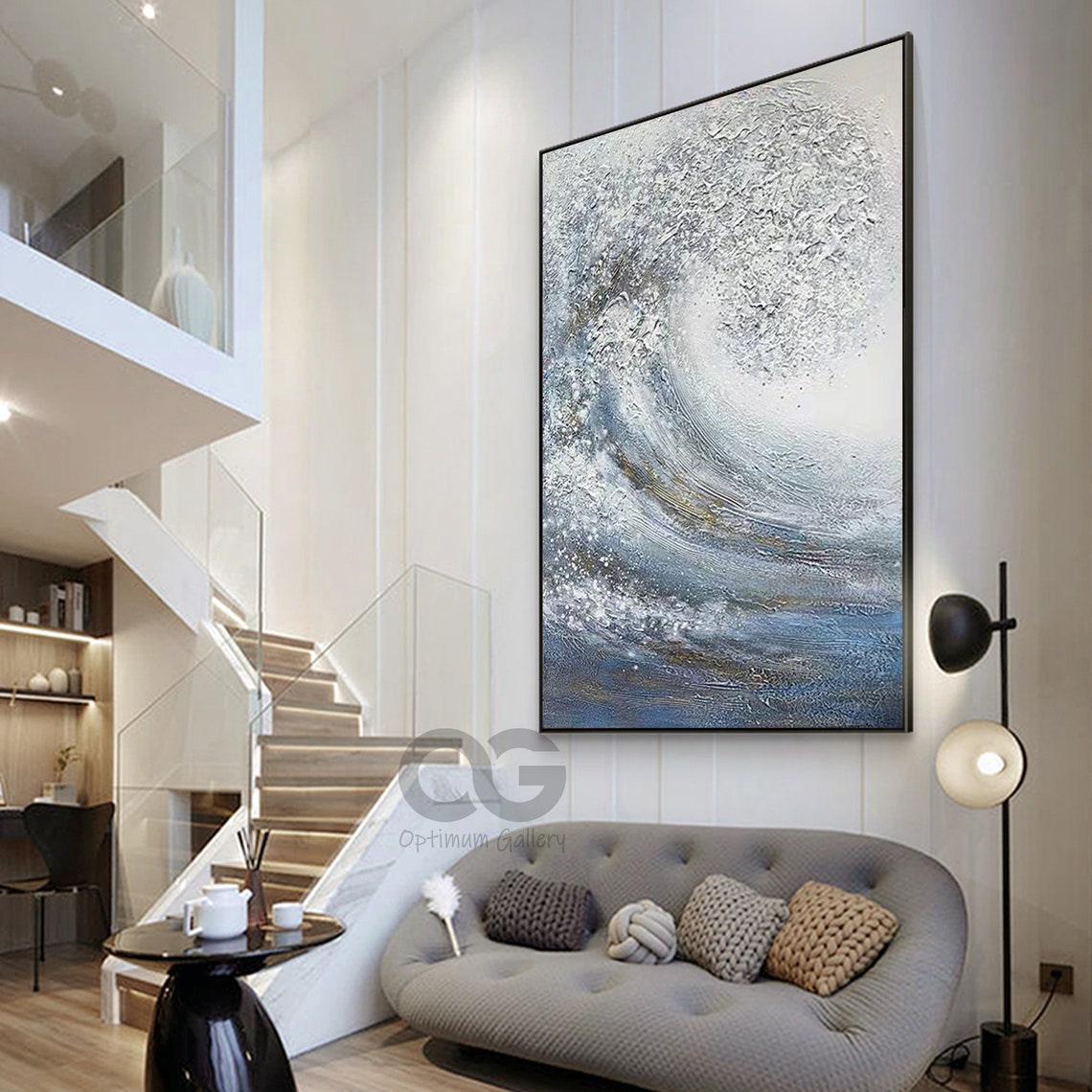 Giant Curling Blue White Ocean Wave Textured Dramatic Art Poster - Image 3