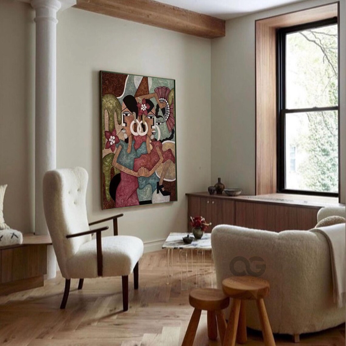 Two Women Embracing Picasso Style Abstract Earth Tone Floral Ladies Poster - Image 2