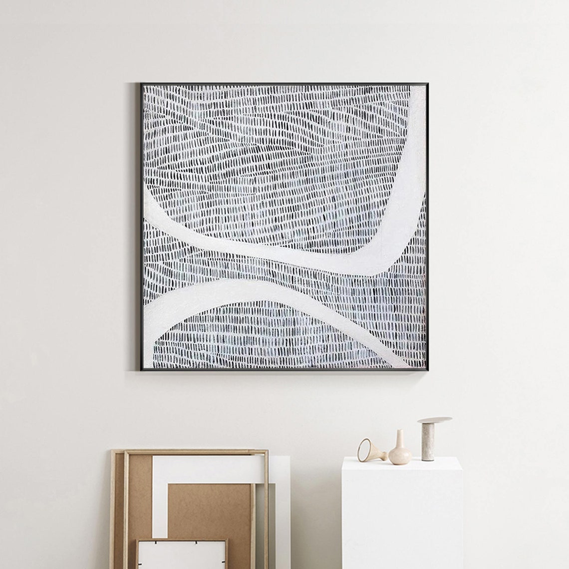 Black White Wavy Hatch Mark Abstract White Curve Modern Graphic Poster - Image 3