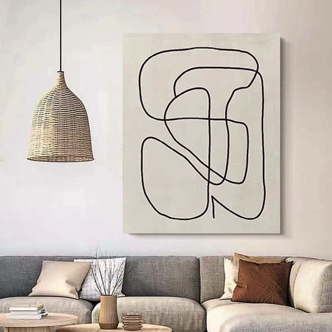 Interlocking Black Loops Cream Continuous Line Modern Art Poster - Image 3