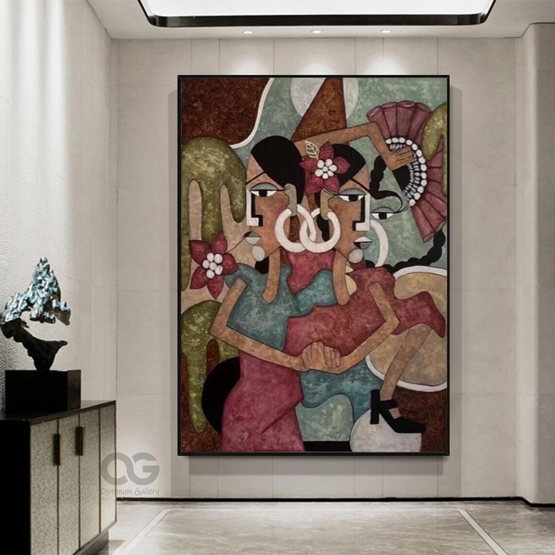 Two Women Embracing Picasso Style Abstract Earth Tone Floral Ladies Poster