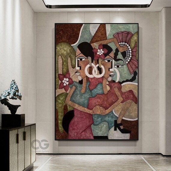 Two Women Embracing Picasso Style Abstract Earth Tone Floral Ladies Poster