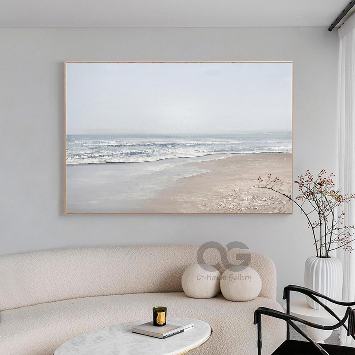 Soft White Beach Painting Gentle Waves Sandy Shore Hazy Coastal Wall Art Poster - Image 3