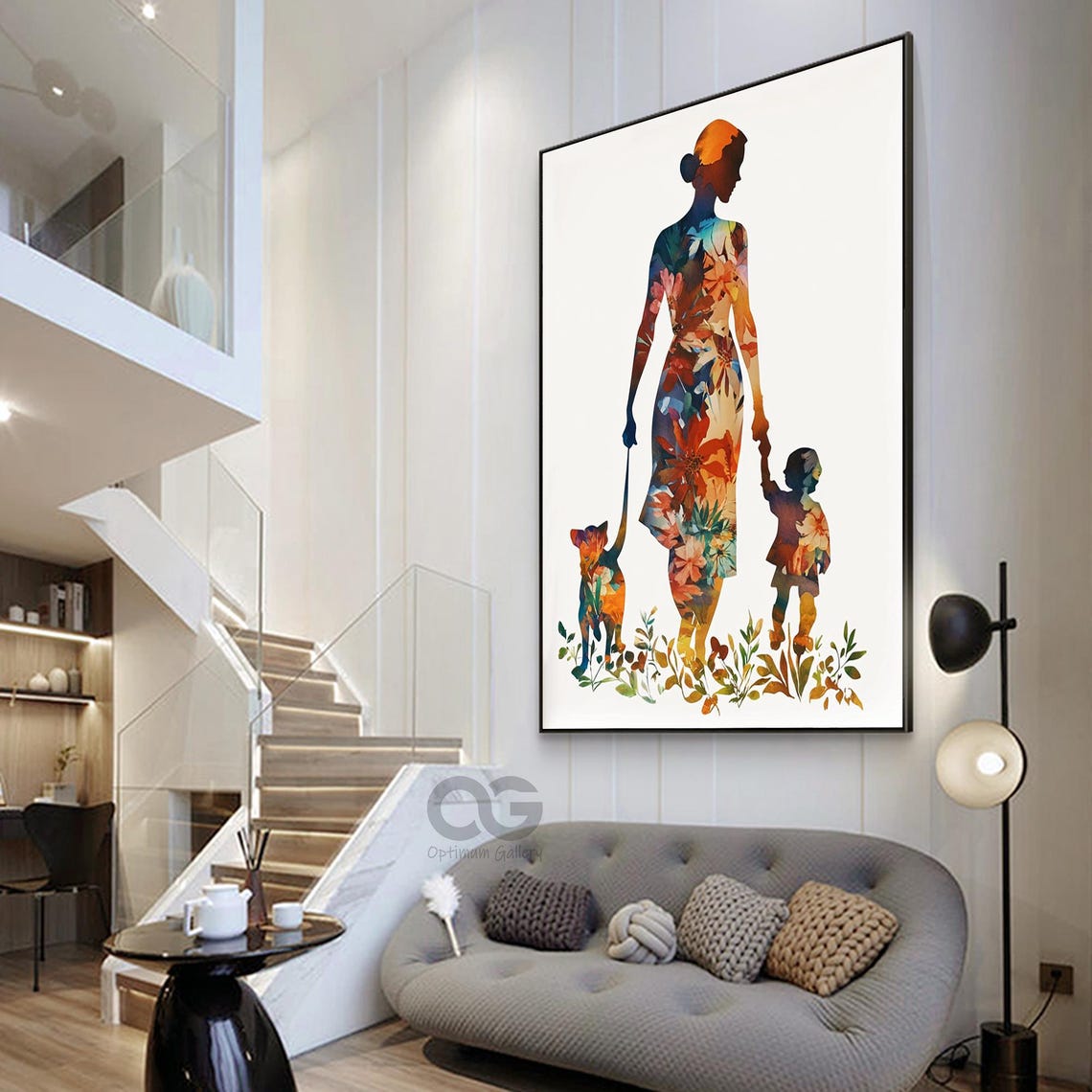 Abstract Colorful Silhouette Of Mother Child And Dog Floral Dress Simple Line Wall Art Gift For Girl Textured Modern Abstract Art Wall Decor - Image 3