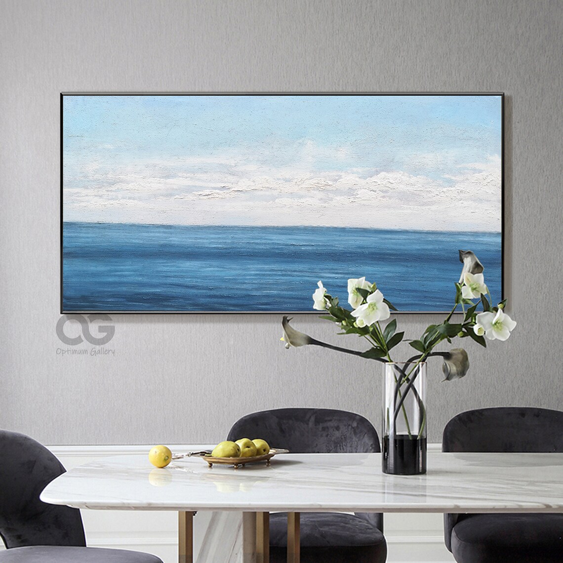 Deep Blue Ocean Horizon Painting White Clouds Calm Sea Minimal Wall Art Poster - Image 4