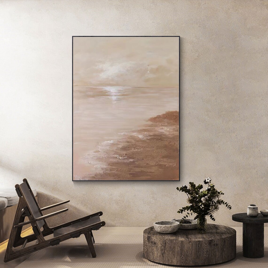 Beige Cloudy Sky Calm Sea Rocky Shore Sunset Coastal Scene Poster - Image 2