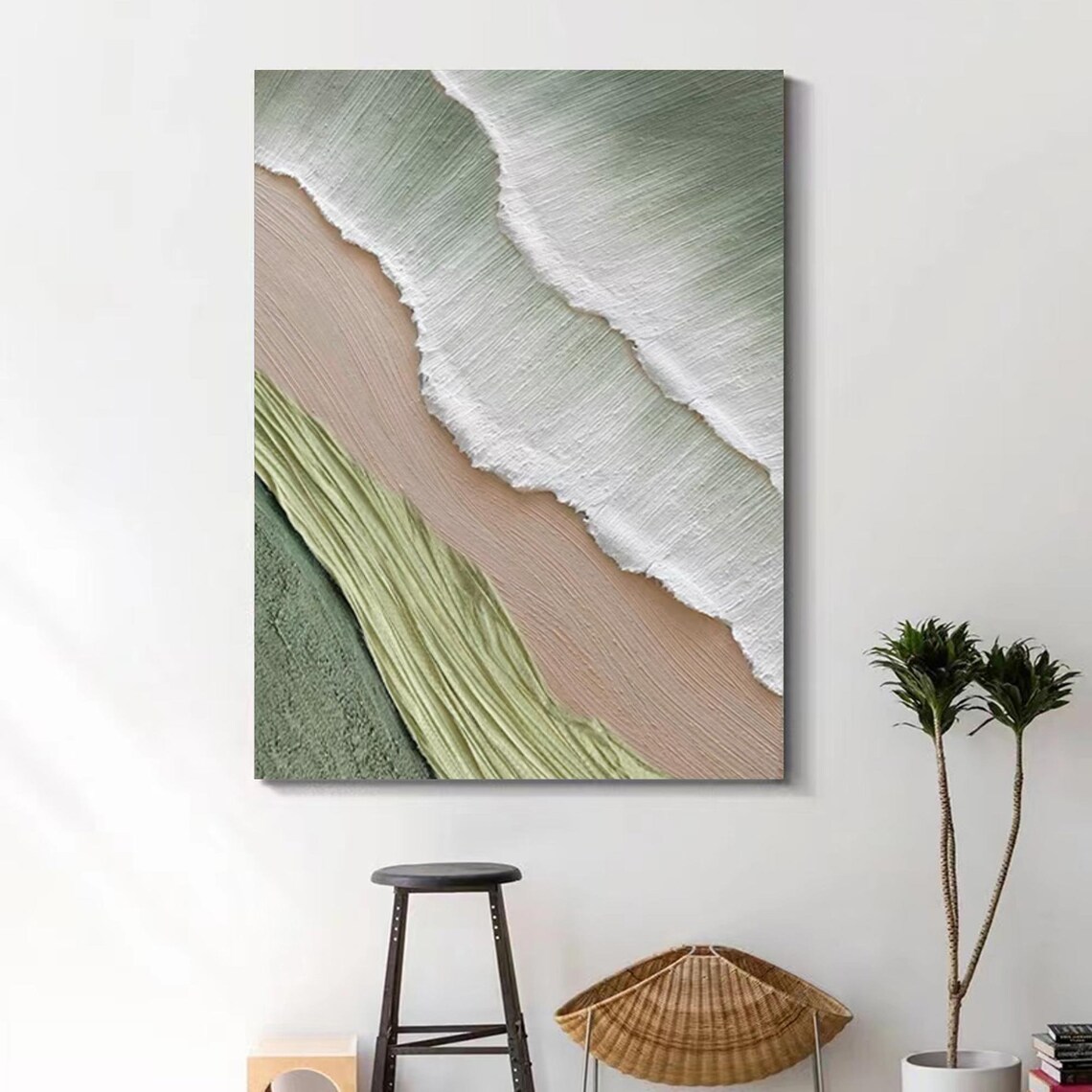 Green White Foam Wave Beige Sand Textured Coastal Abstract Scene Poster - Image 4