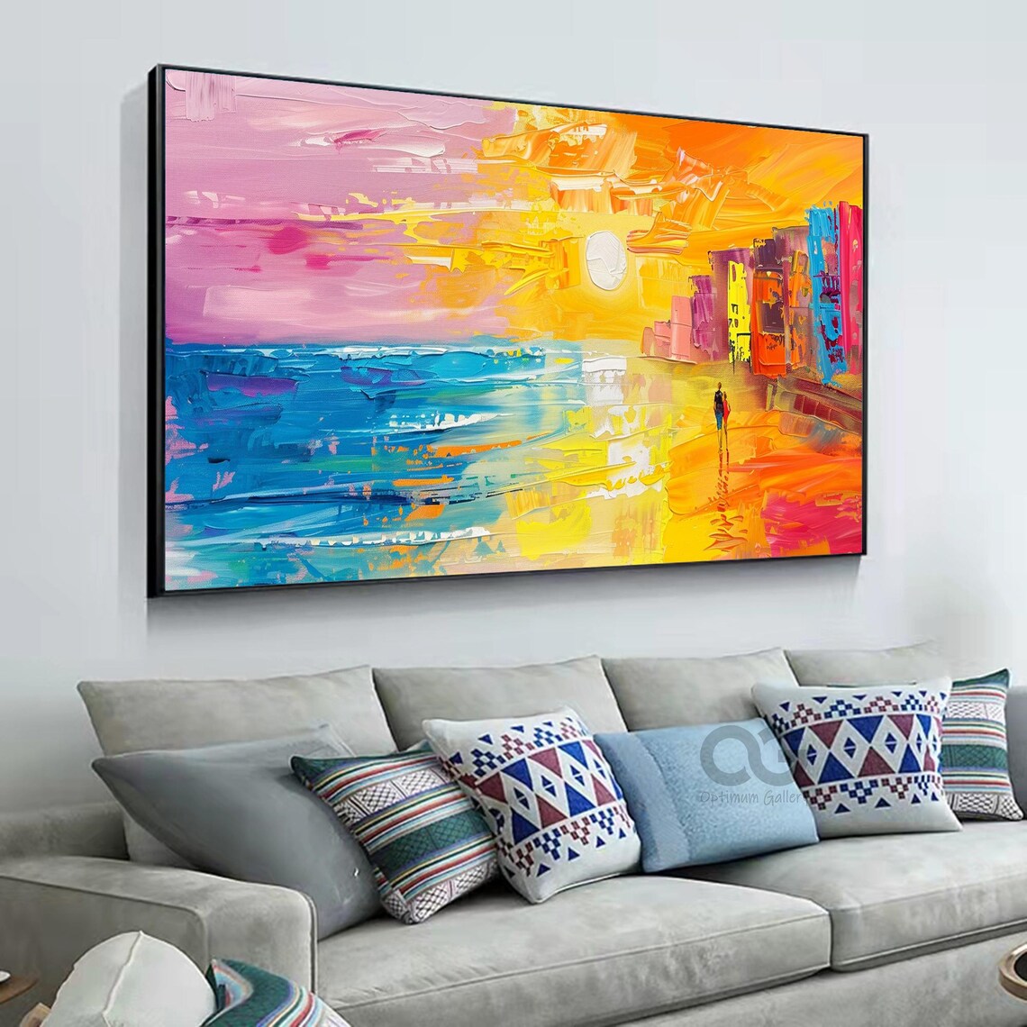 Bright Sunset Beach Couple Walking Shore Pink Orange Waves Painting Poster - Image 5