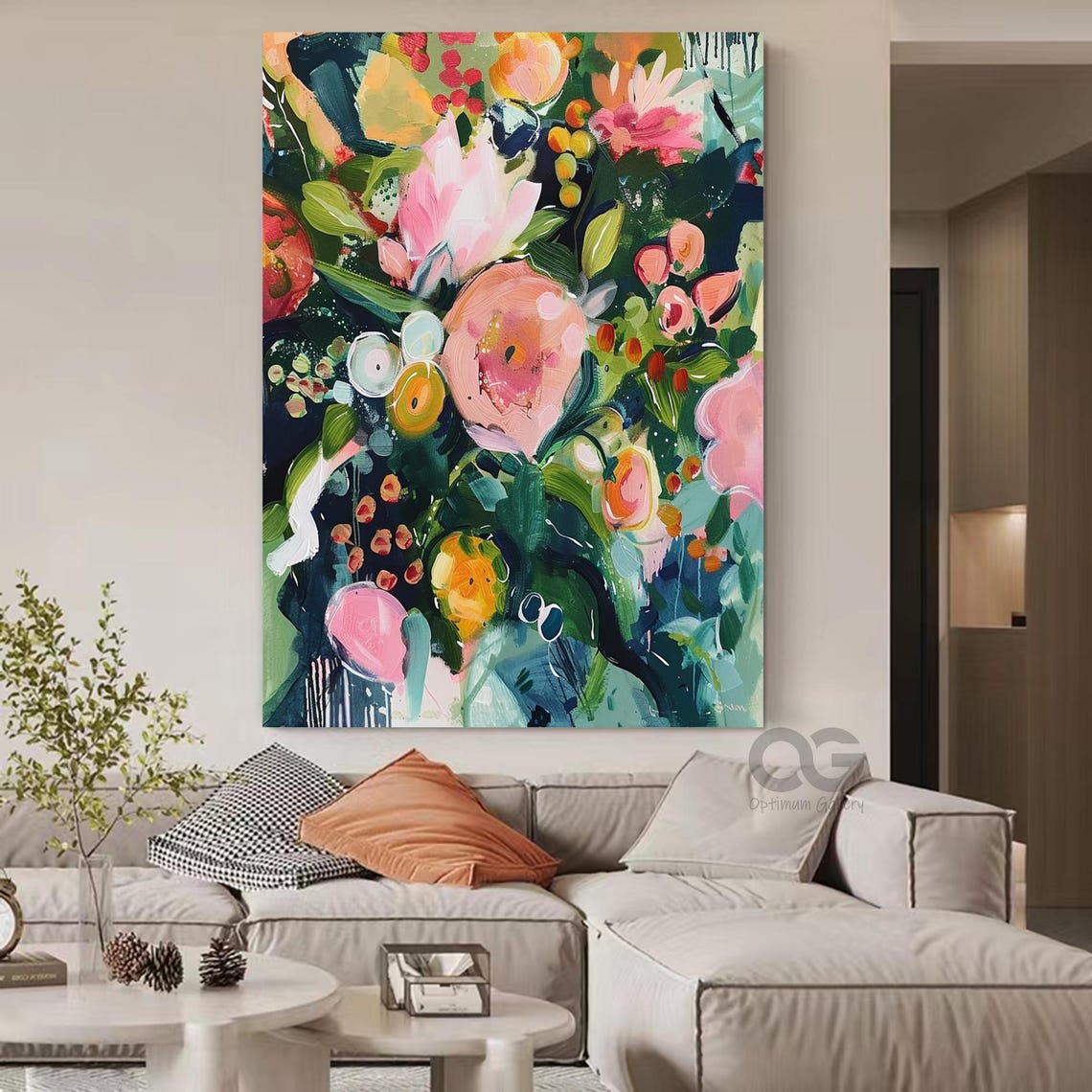Original Garden Painting On Texture Painting Green Wall Art Colorful Flower Painting Living Room Wall Art Teal Luxurious Floral Art - Image 4